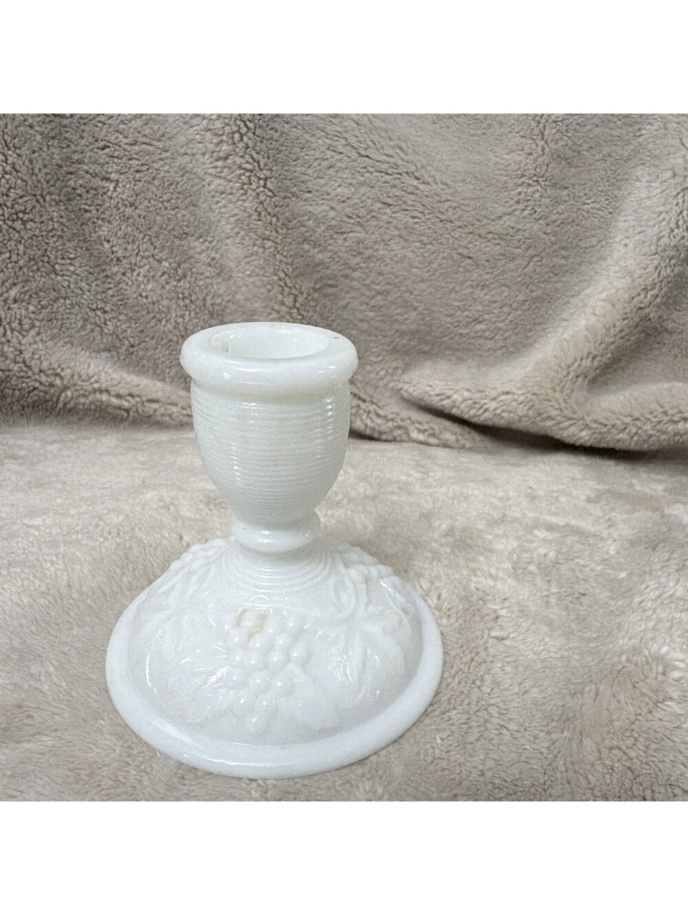White Milk Glass Taper Candle Holder Embossed Grapes Pattern Decorative